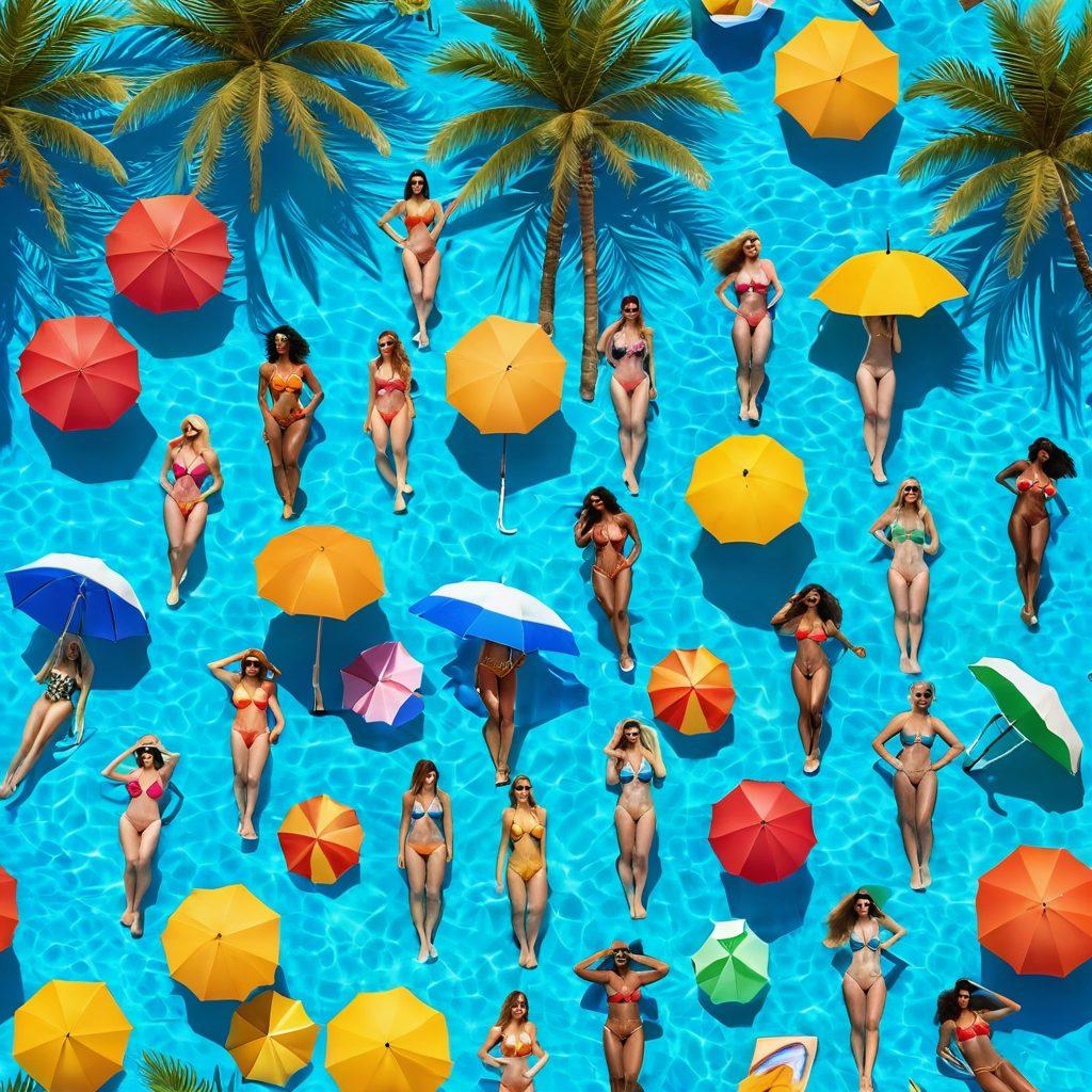 A sun-drenched poolside transitioning to a sandy beach, showcasing vibrant swimwear trends on sunbathers and swimmers. Include diverse models in stylish swimsuits, colorful beach umbrellas, and sparkling blue water with palm trees in the background, capturing the essence of summer. The scene should be lively and inviting, emphasizing fashion and relaxation. super-realistic. vibrant colors. 3D.